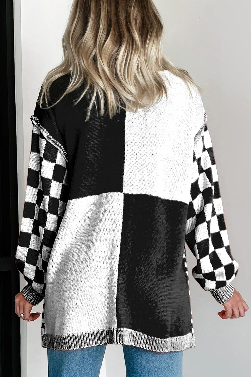 Brown Checkered Plus Size Drop Shoulder Knit Cardigan