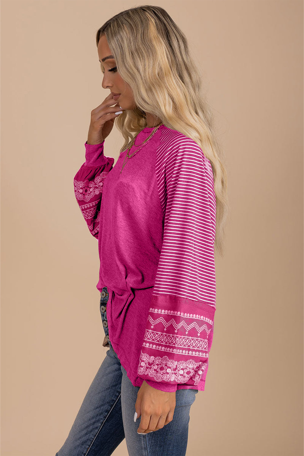 Medium Grey Contrast Print Striped Raglan Long Sleeve Loose Top