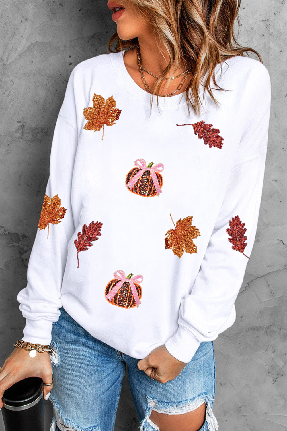 White Fall Leaf Bow Pumpkin Sequin Patched Baggy Sweatshirt