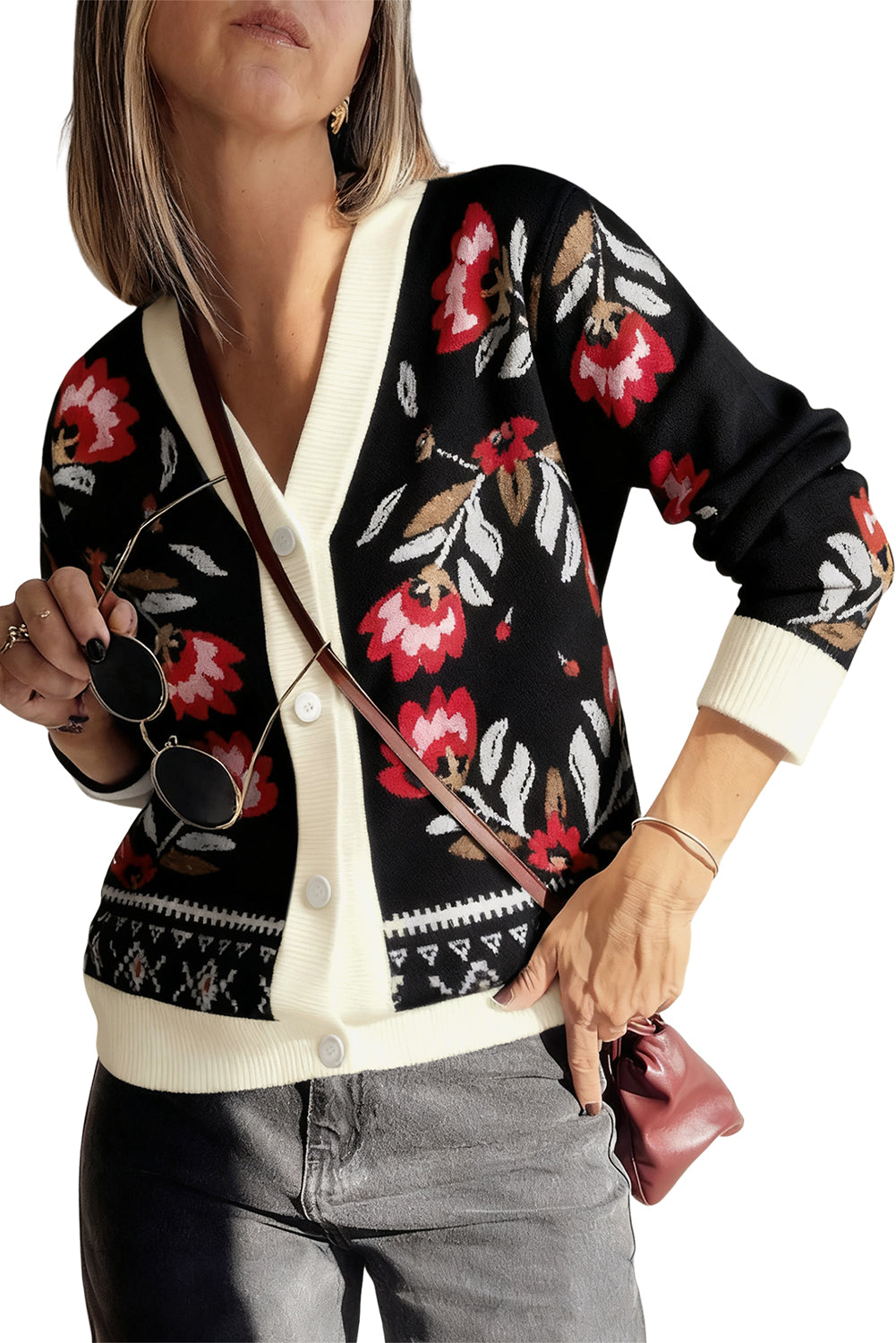 Cardigan beige à imprimé floral, boutonné sur le devant, col en V, bordure contrastée