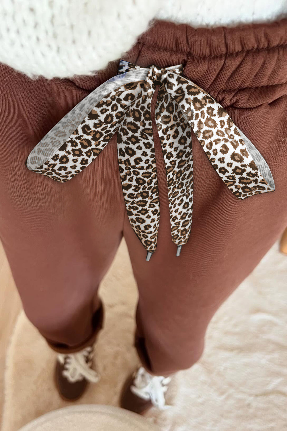 Pantalon d'hiver en polaire à cordon de serrage léopard noir