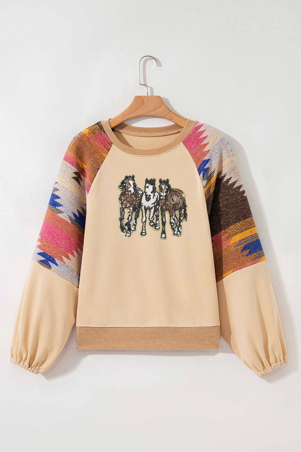 Light French Beige Sequined Horses Graphic Fashion Sweatshirt