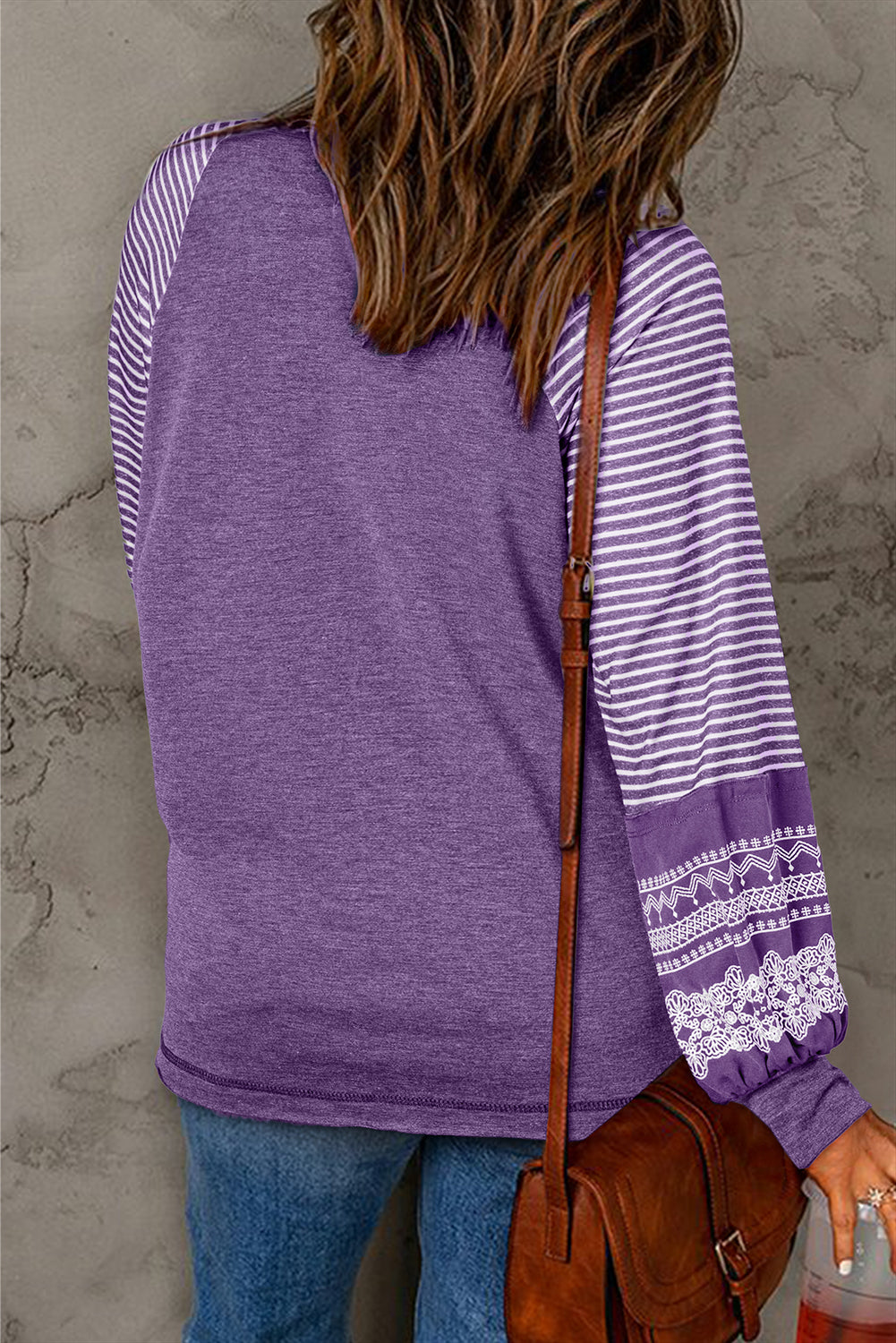 Medium Grey Contrast Print Striped Raglan Long Sleeve Loose Top