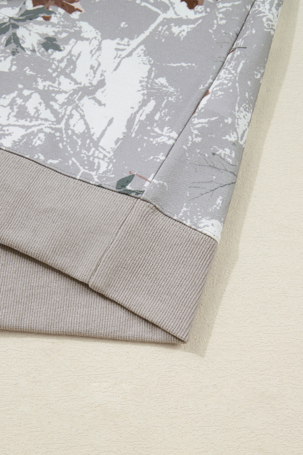 Gray Maple Leaf Camo Print Varsity Striped Sleeve Casual Sweatshirt