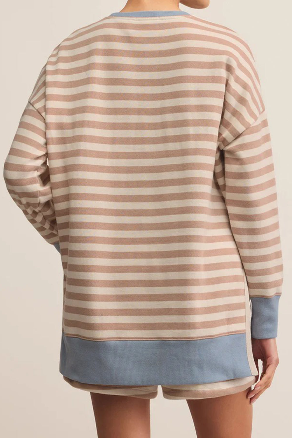 Khaki Stripe Colorblock Patchwork Oversized Pullover Drawstring Shorts 2pcs Set