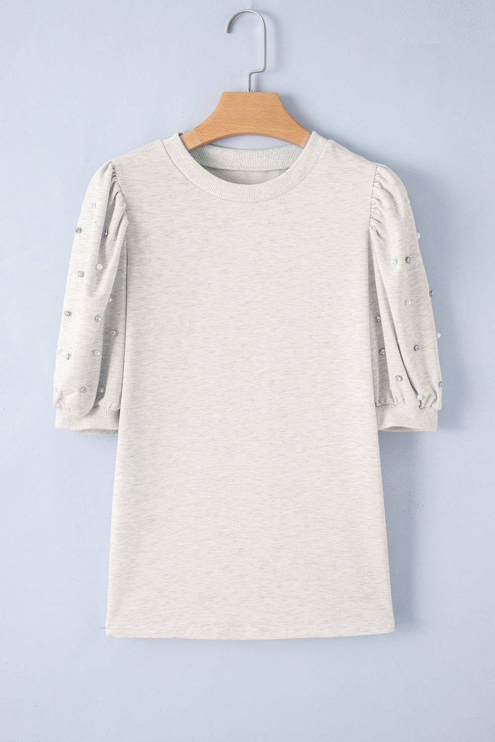 Light Grey Rhinestone Pearl Puff Sleeve Plain Top