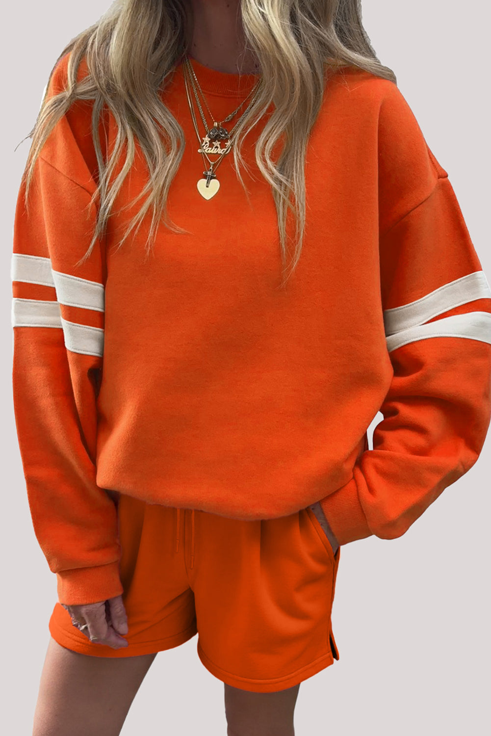 Orange Varsity Striped Sleeve Drop Shoulder Sweatshirt and Shorts Set
