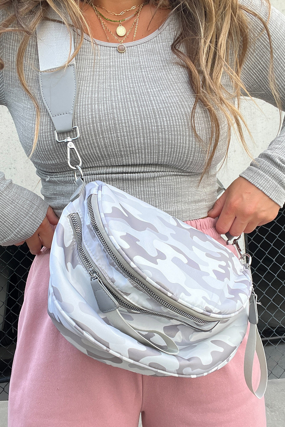 Camouflage Print Double Zipper Crossbody Bag