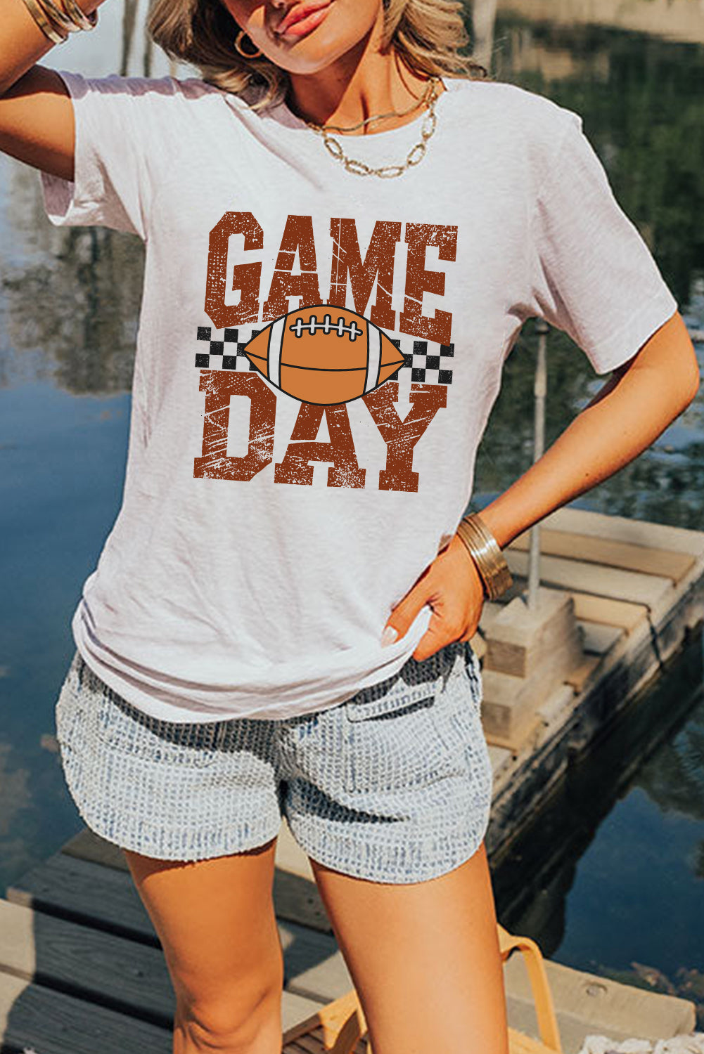 White GAME DAY Checkered Football Print Vintage Graphic Tee