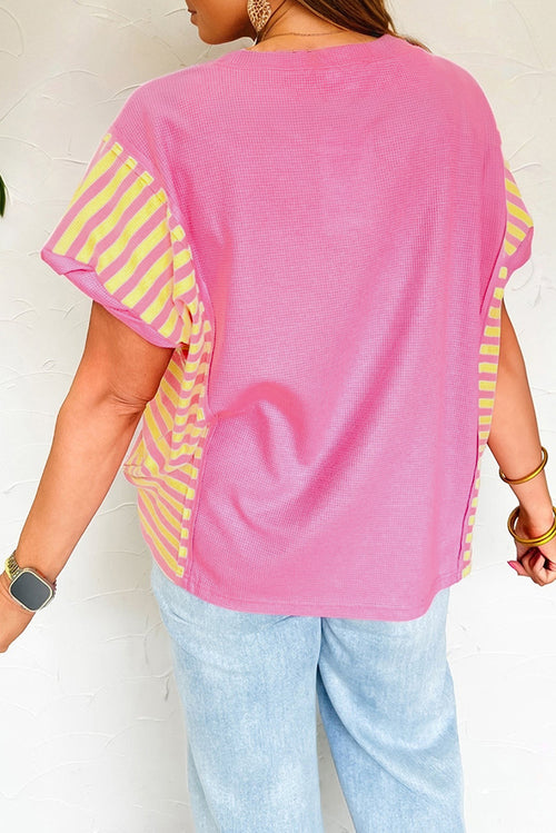 Bright Pink Waffle Textured Contrast Striped Patchwork Loose T Shirt