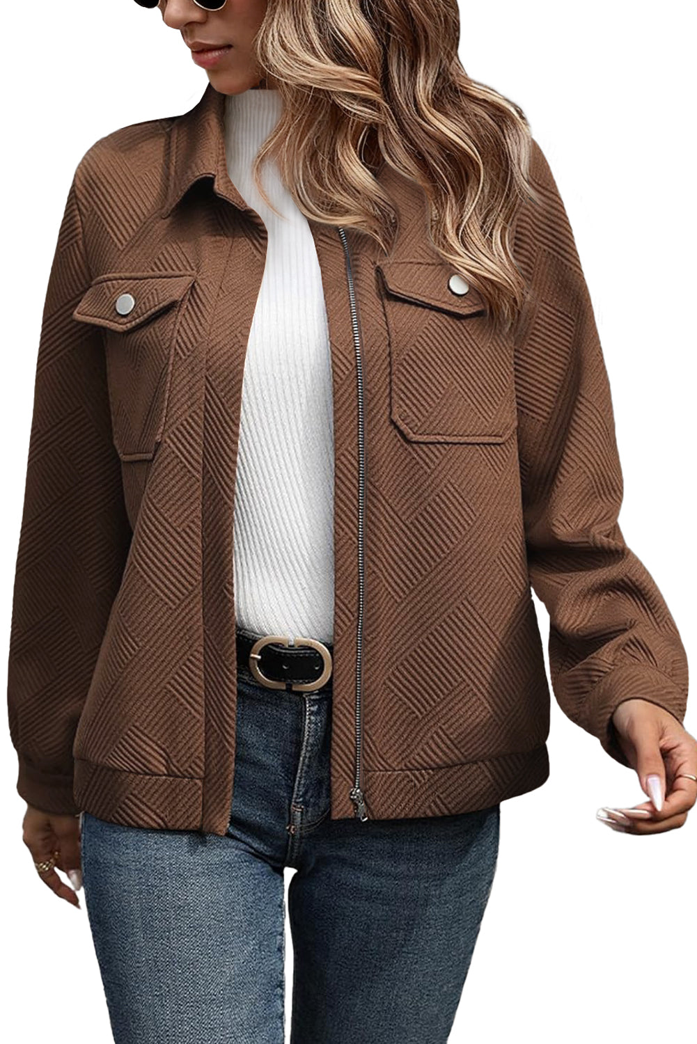 Coffee Solid Color Zip Up Button Flap Pocket Shirt Collar Jackets