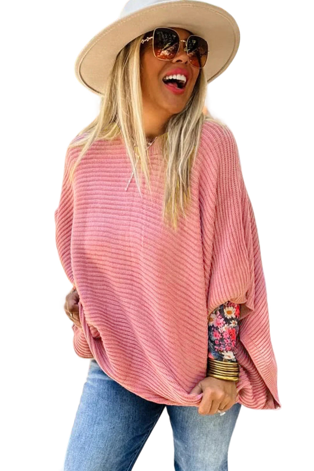 Light Pink Ribbed Knit Half Sleeve Plus Size Poncho Style Sweater