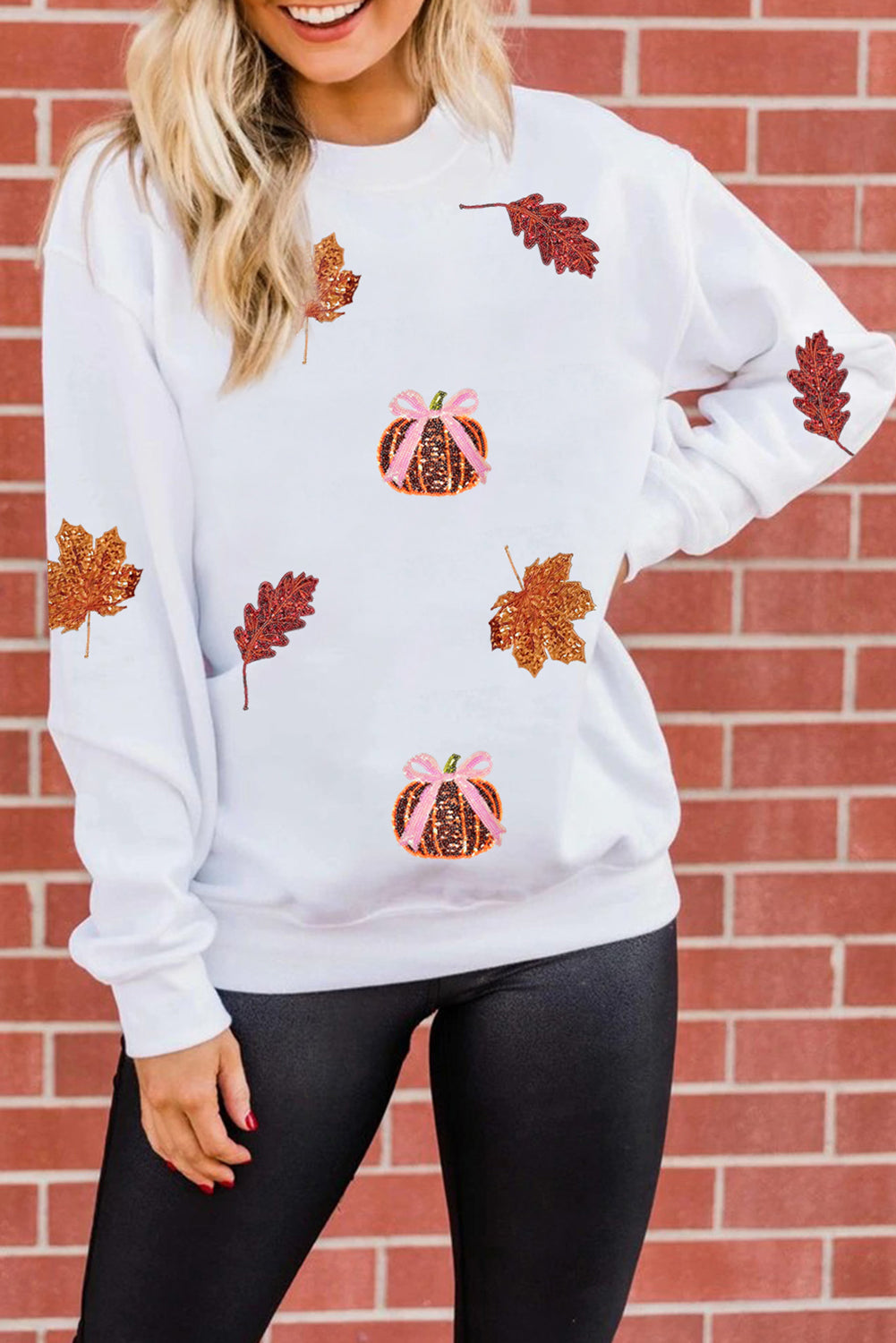 White Fall Leaf Bow Pumpkin Sequin Patched Baggy Sweatshirt