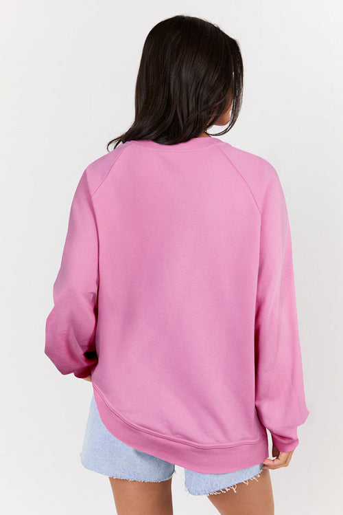 Bright Pink Lace Patchwork Raglan Sleeve Loose Fit Sweatshirt