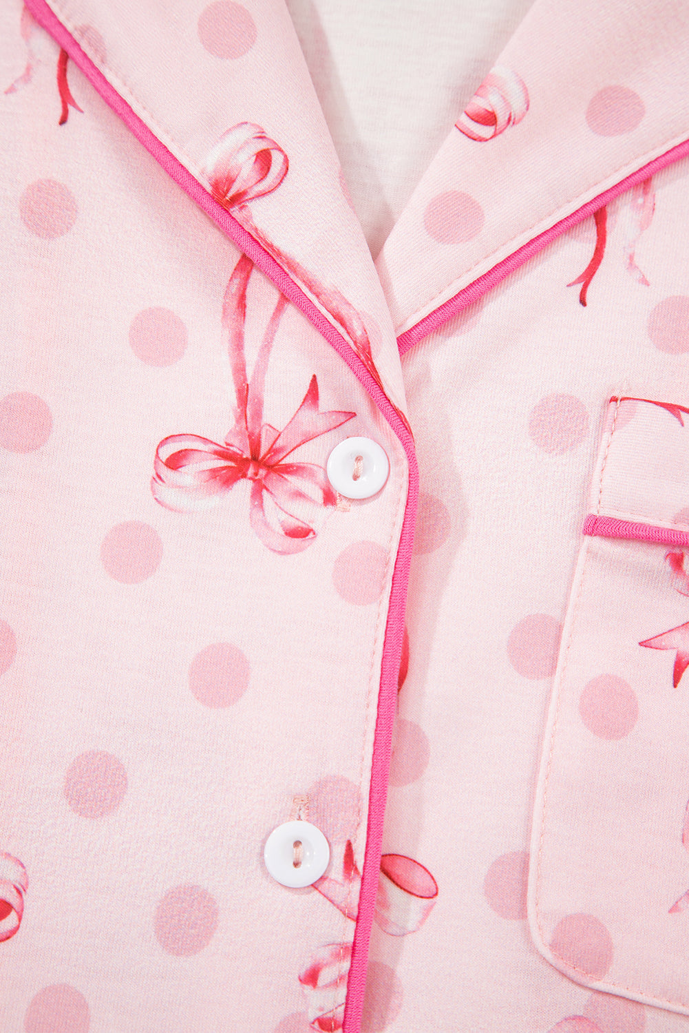 Pink Polka Dot and Bow Print Ruffle Hem Shorts Pajama Set