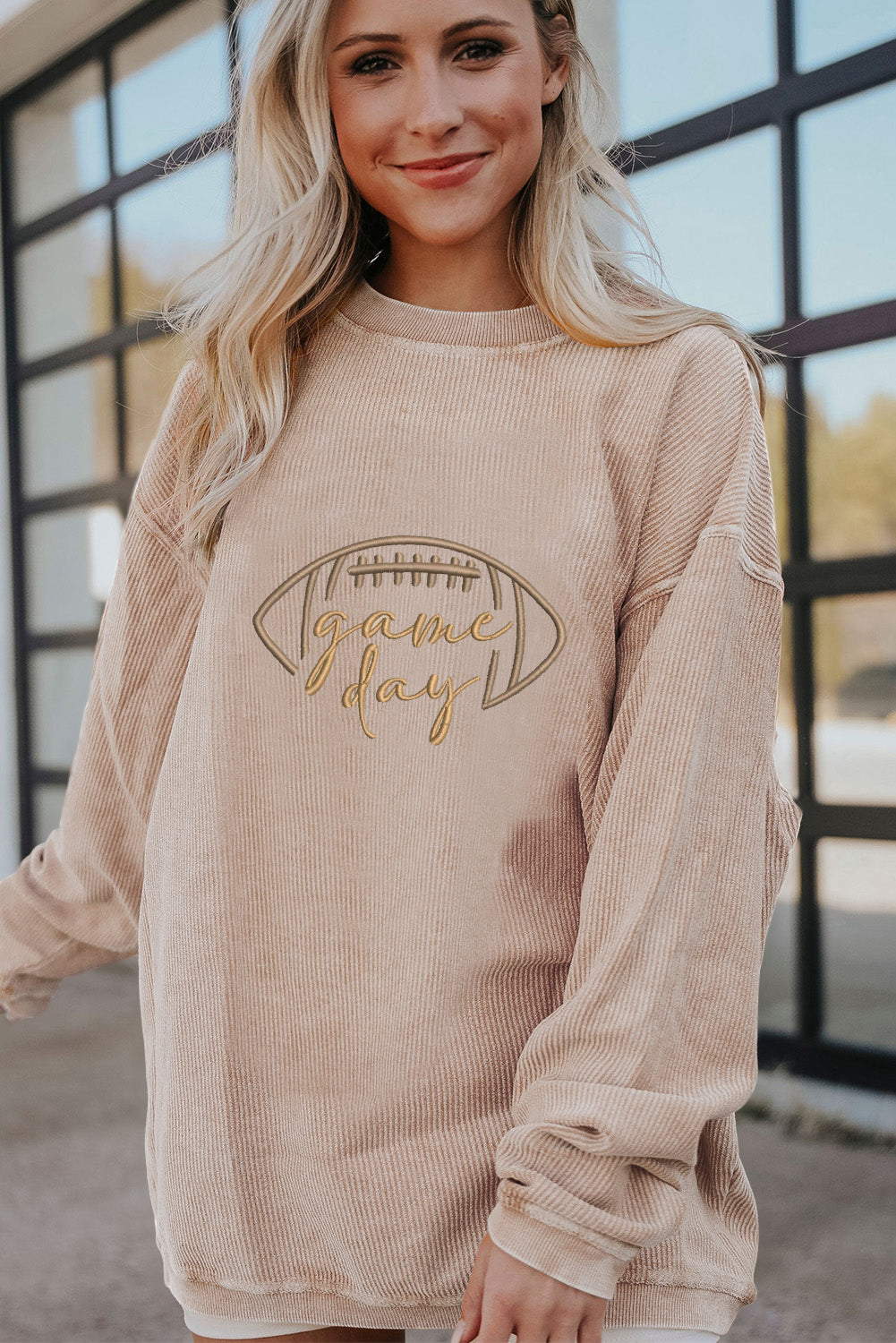 Apricot Football Graphic Drop Shoulder Game Day Corded Sweatshirt