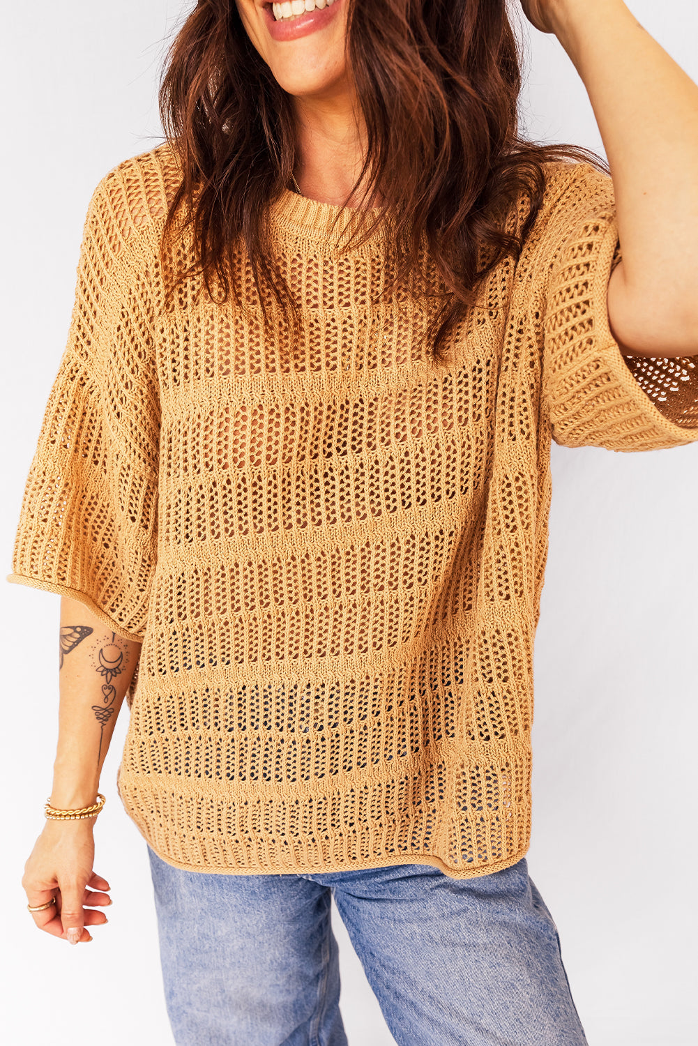 Mustard Hollow out Openwork Knit 3/4 Sleeve Sweater
