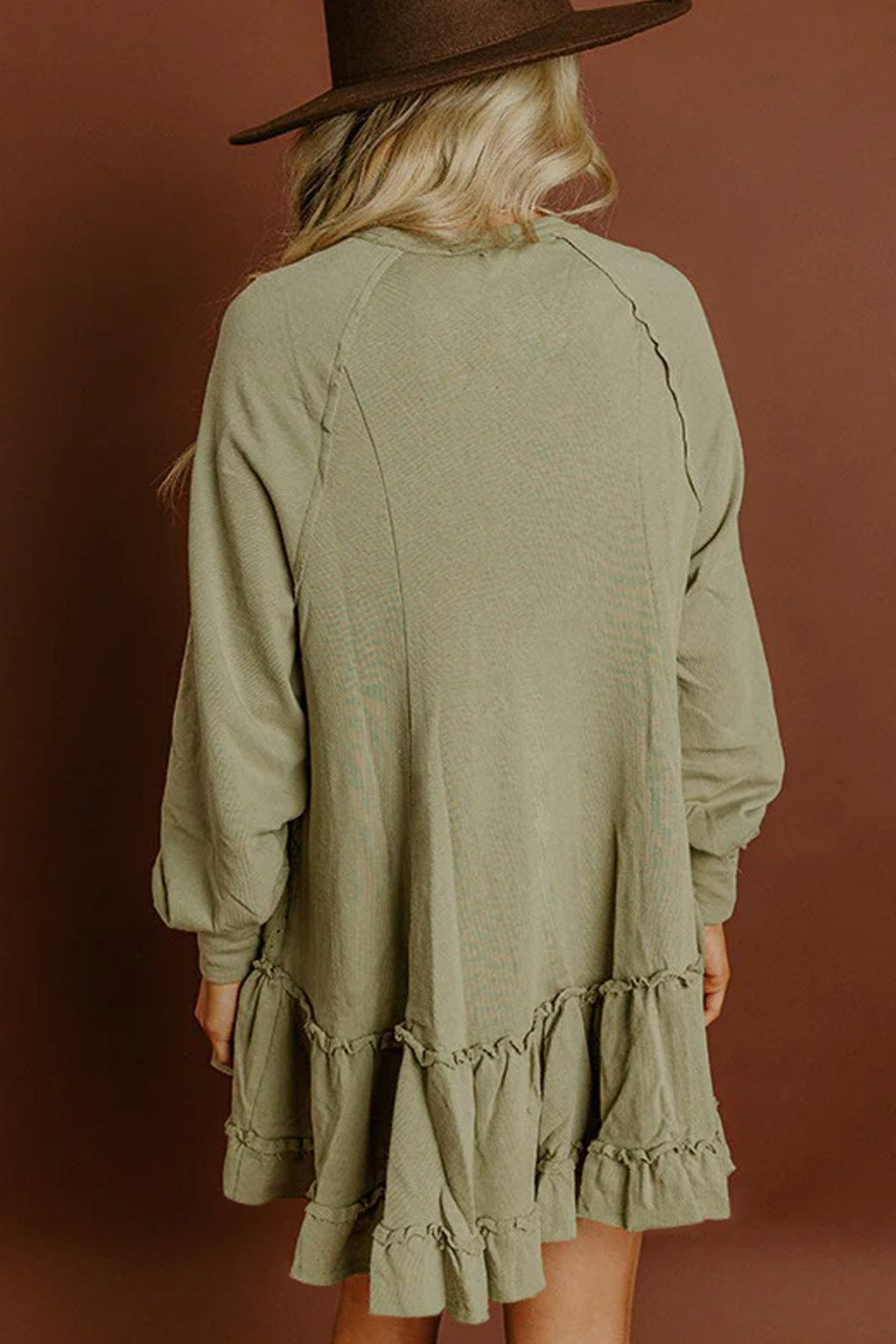 Laurel Green Jacquard Frilled Ruffled Long Sleeve Mini Dress