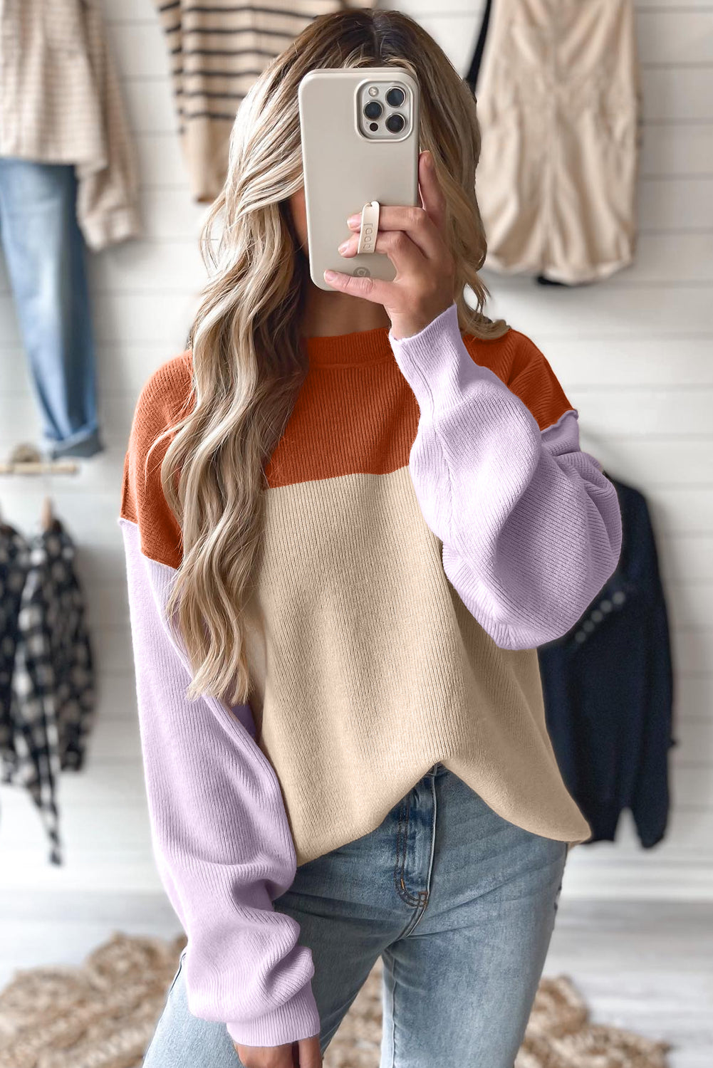 Khaki Colorblock Ribbed Knit Baggy Sweater