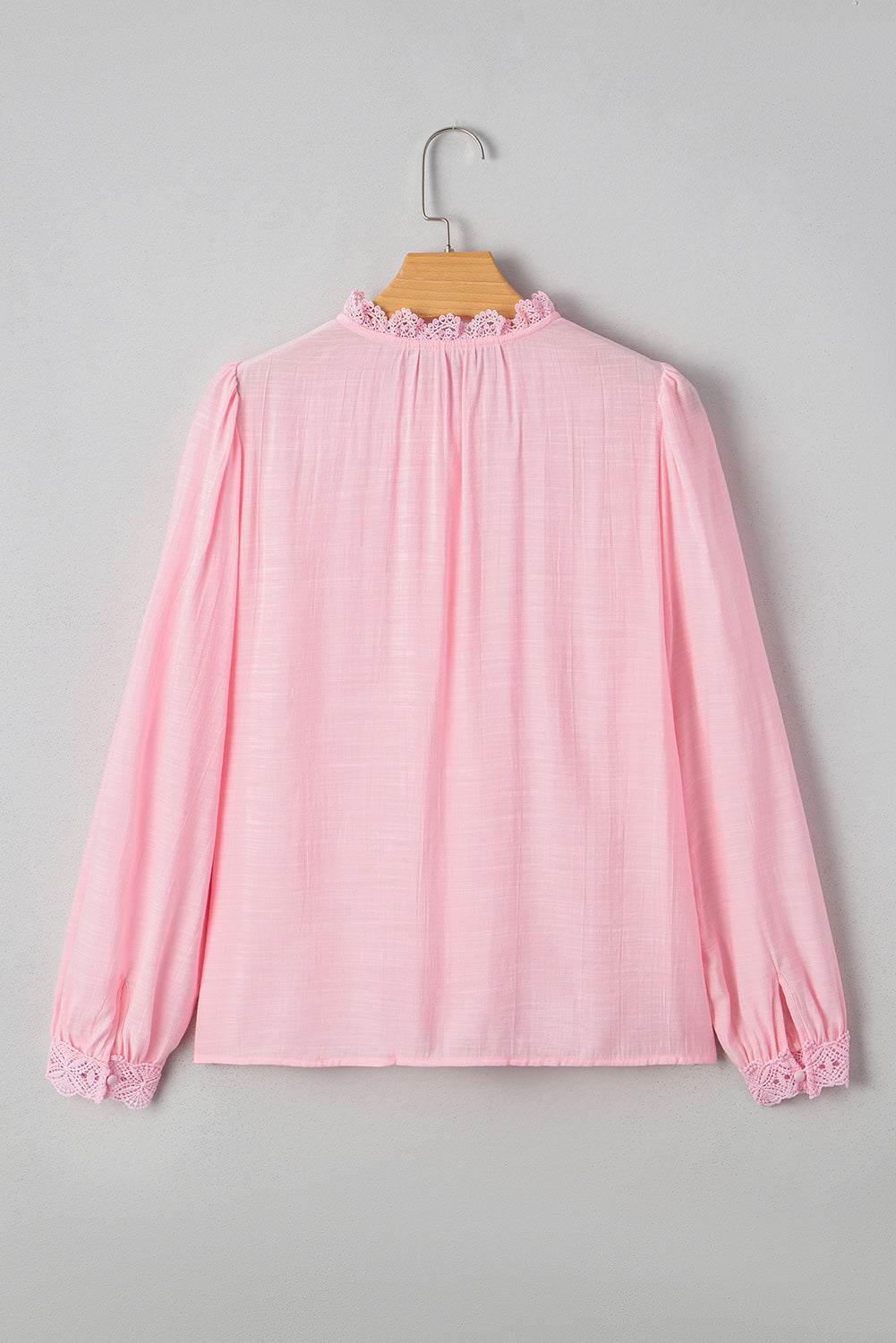 Gossamer Pink Lace Patchwork Edge Collarless Button Up Shirt
