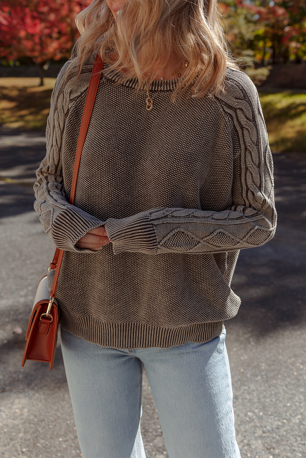 Dark Brown Cable Knit Raglan Sleeve Casual Sweater