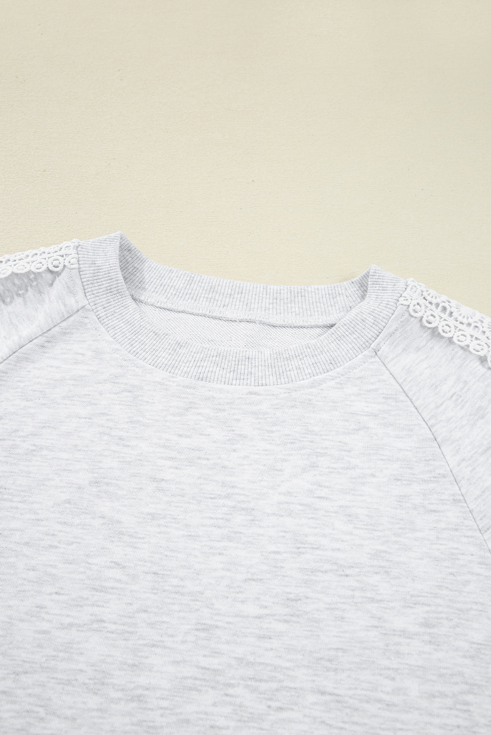 Light Grey Lace Applique Raglan Sleeve Crew Neck Sweatshirt