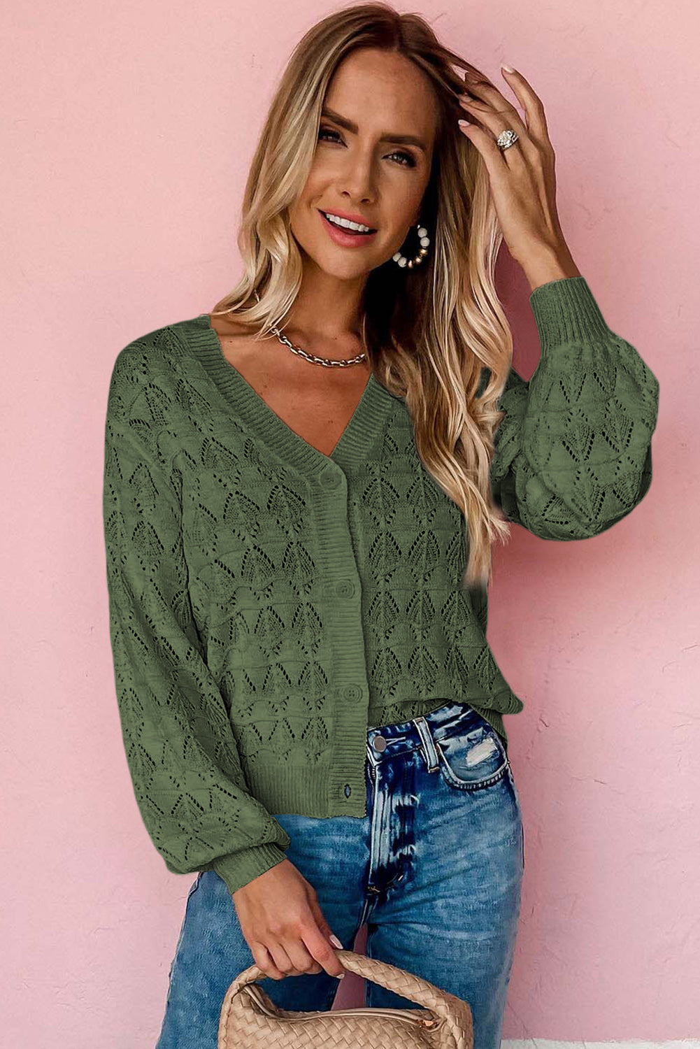 Green Lightweight Buttoned Front Crochet Cardigan