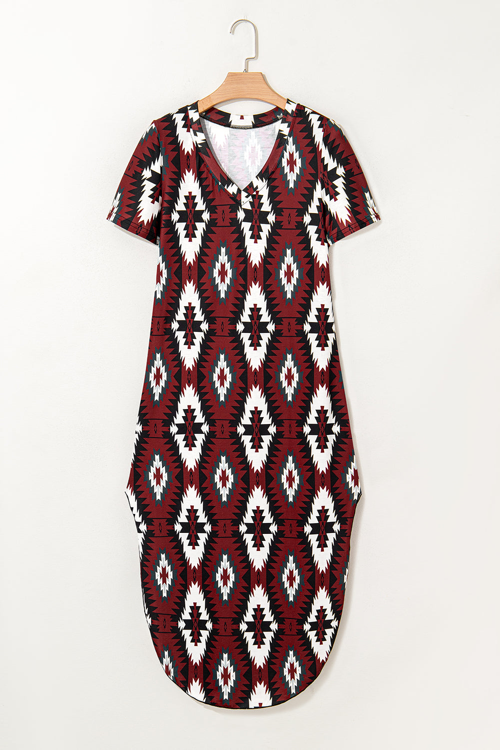 Red Western Aztec Printed Long T-shirt Dress