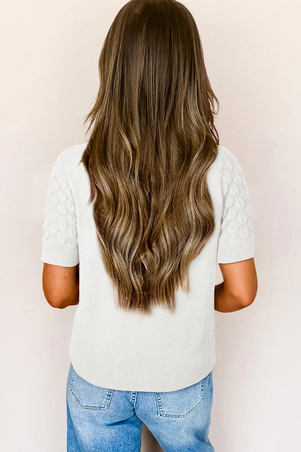 Straw Yellow Fish Scale Textured Knit Ribbed High Neck Short Sleeve Sweater