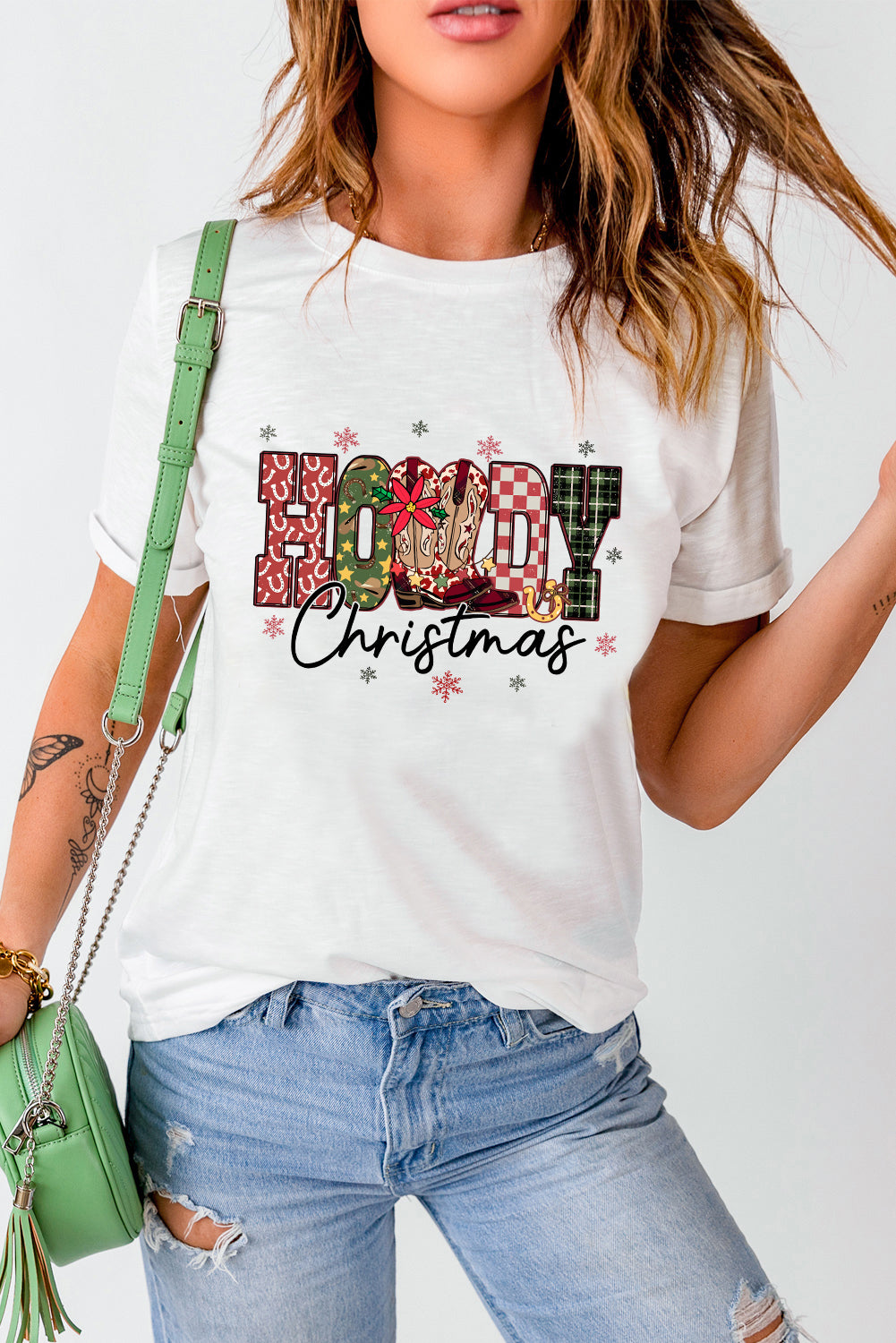 White Western HOWDY Christmas Festive Letter Printed Crew Neck T Shirt