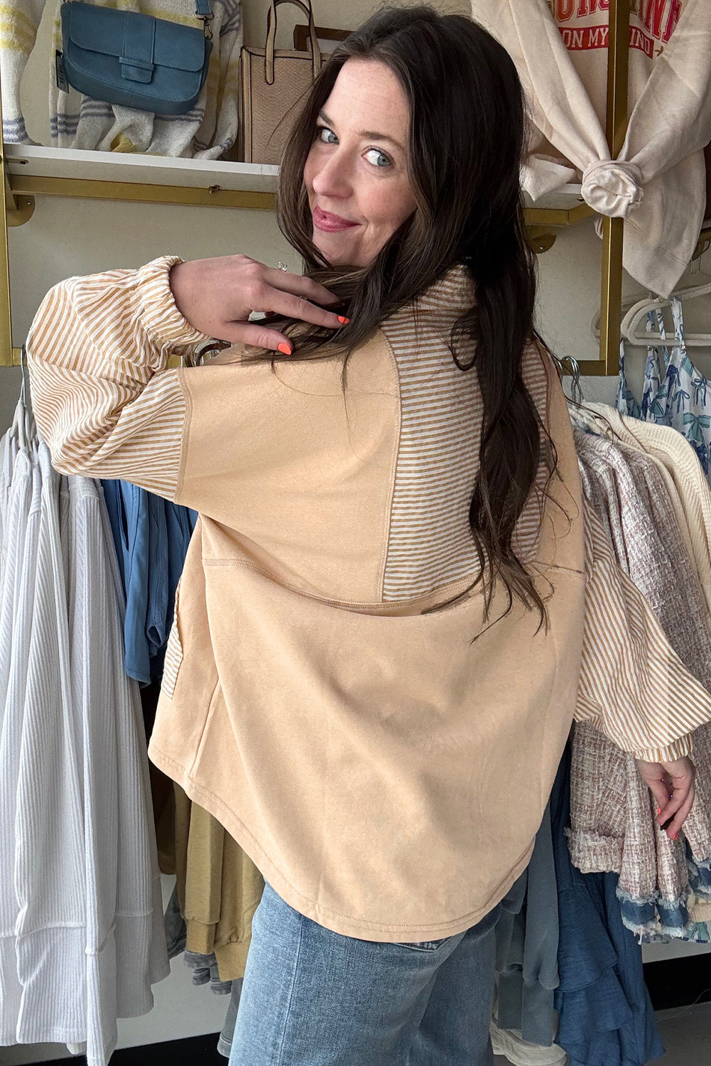 Smoke Gray Striped Patchwork Zip Collar Long Sleeve Top