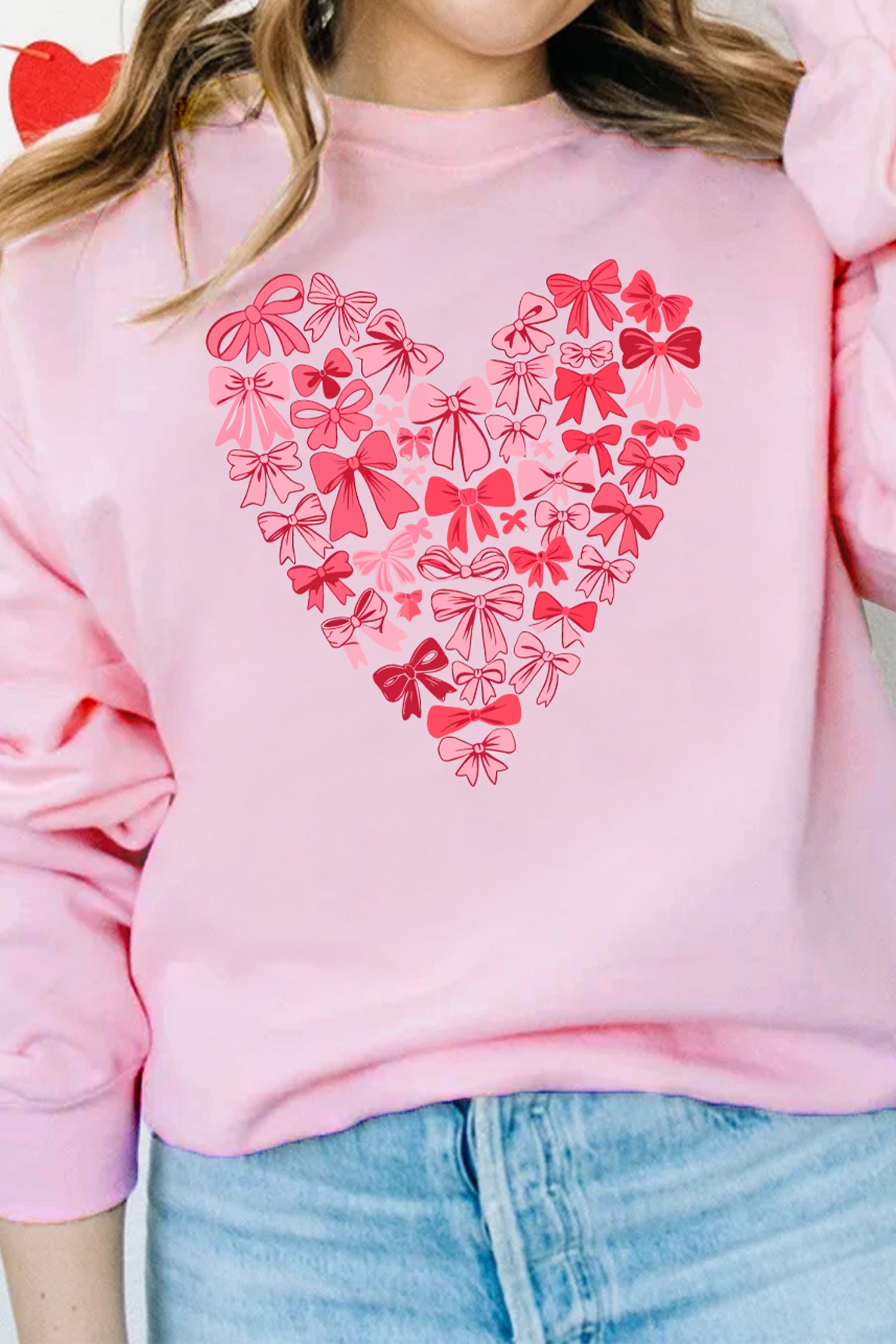 Pink Bow Printed Big Heart Valentines Day Pullover Sweatshirt