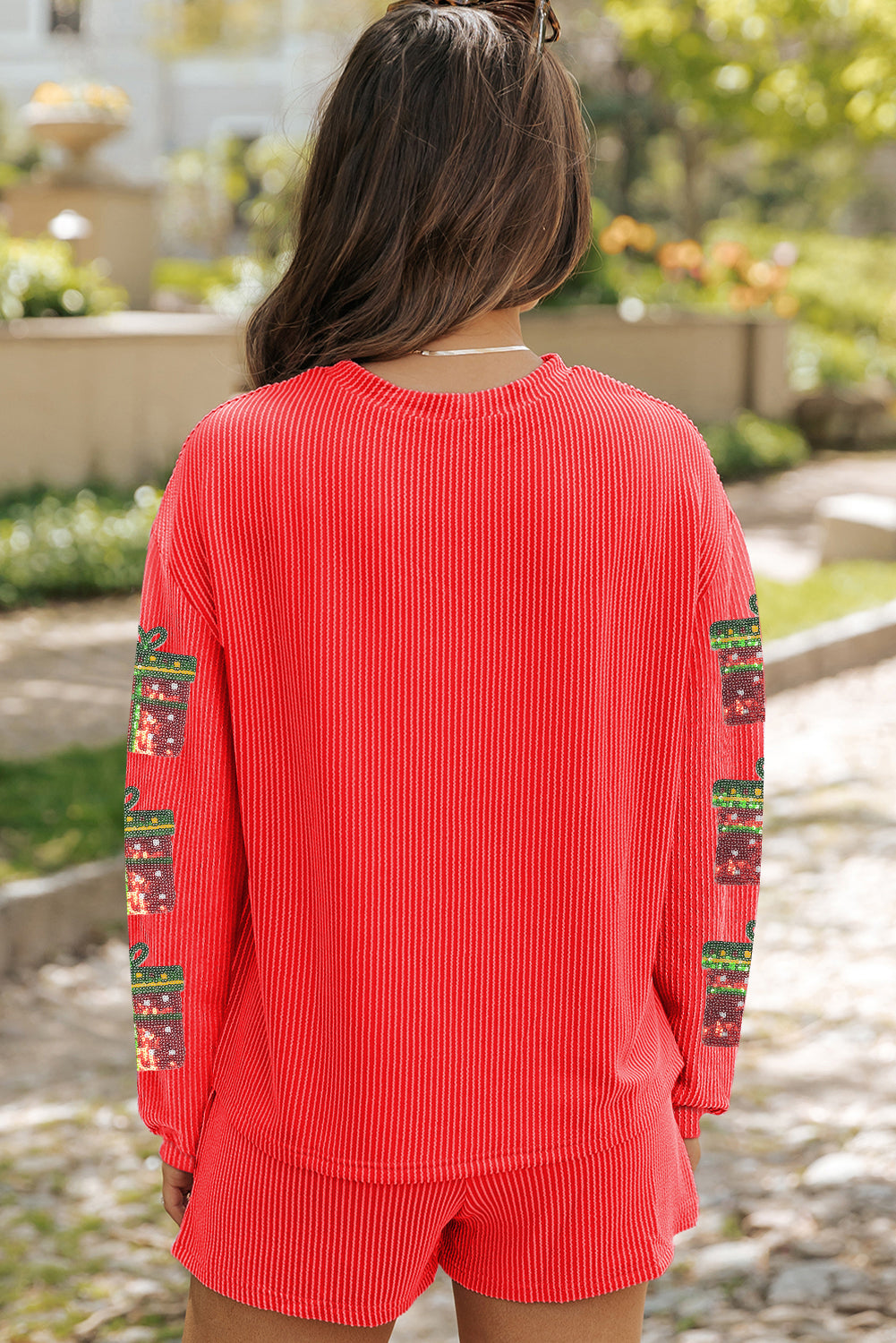 Gold Flame Sequin Christmas Gift Patched Long Sleeve Top Twisted Rib 2pcs Short Set