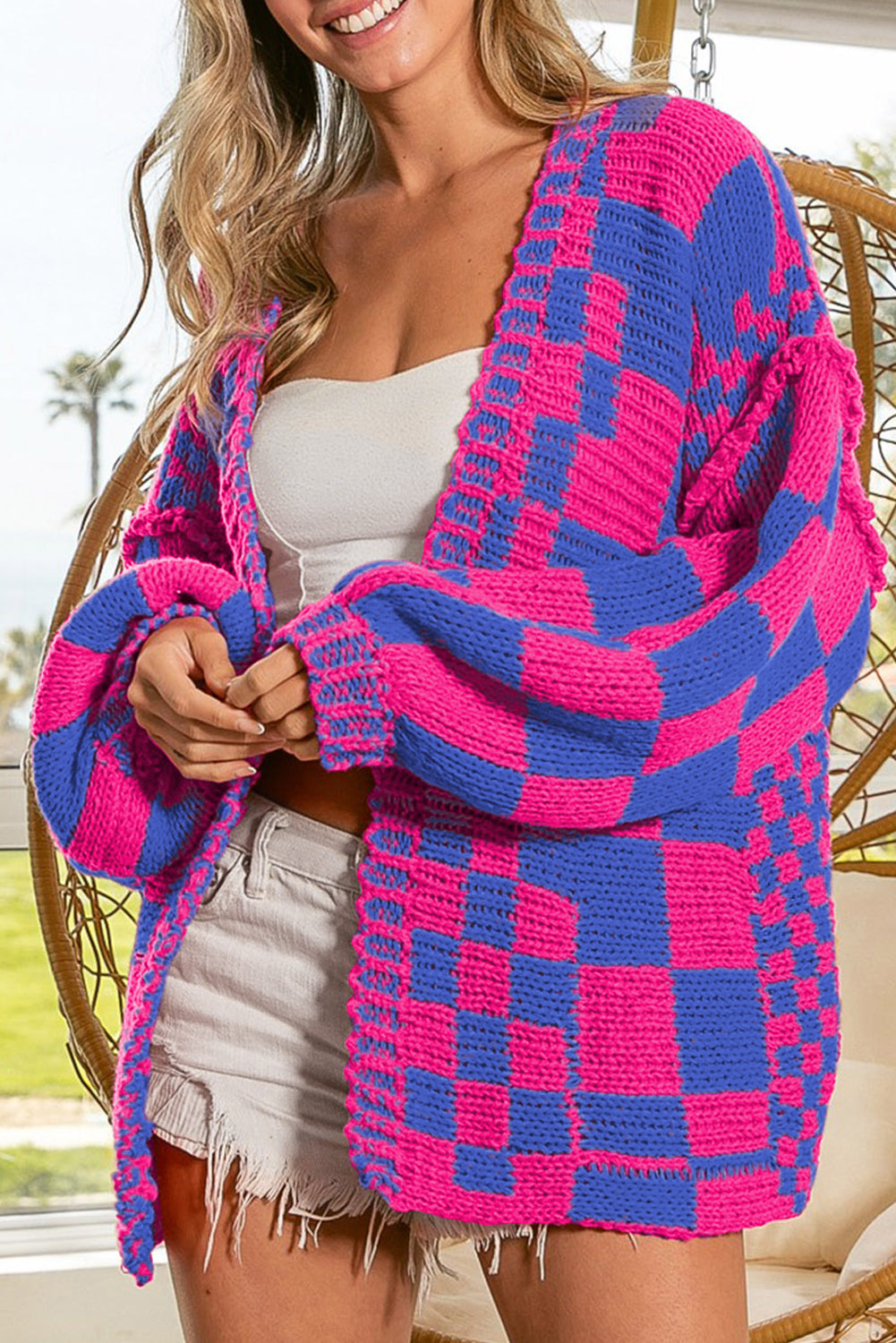 Multicolor Plaid Open Front Knitted Cardigan