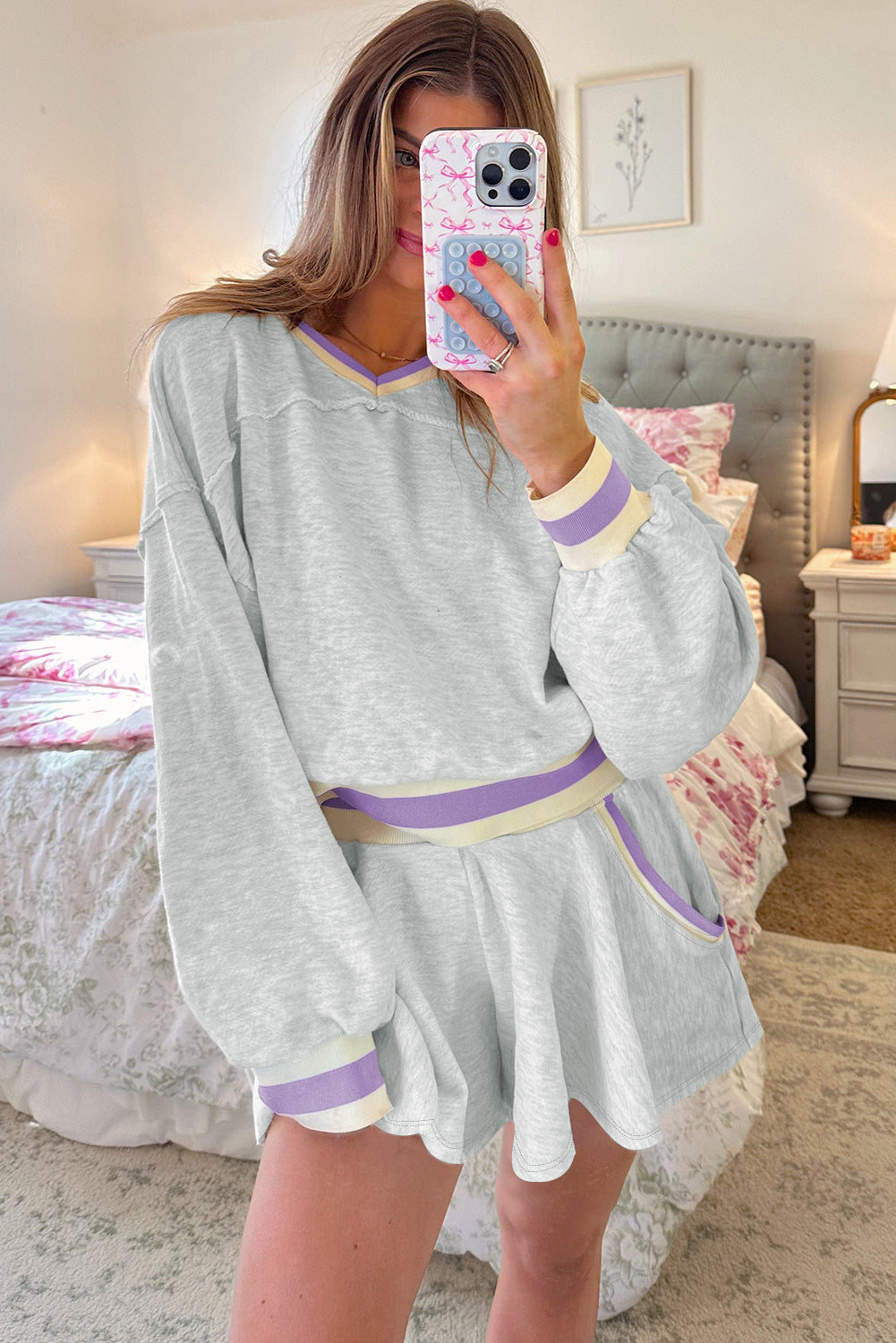 Light Grey Contrast Trim Striped Loose Sweatshirt and Skort Set