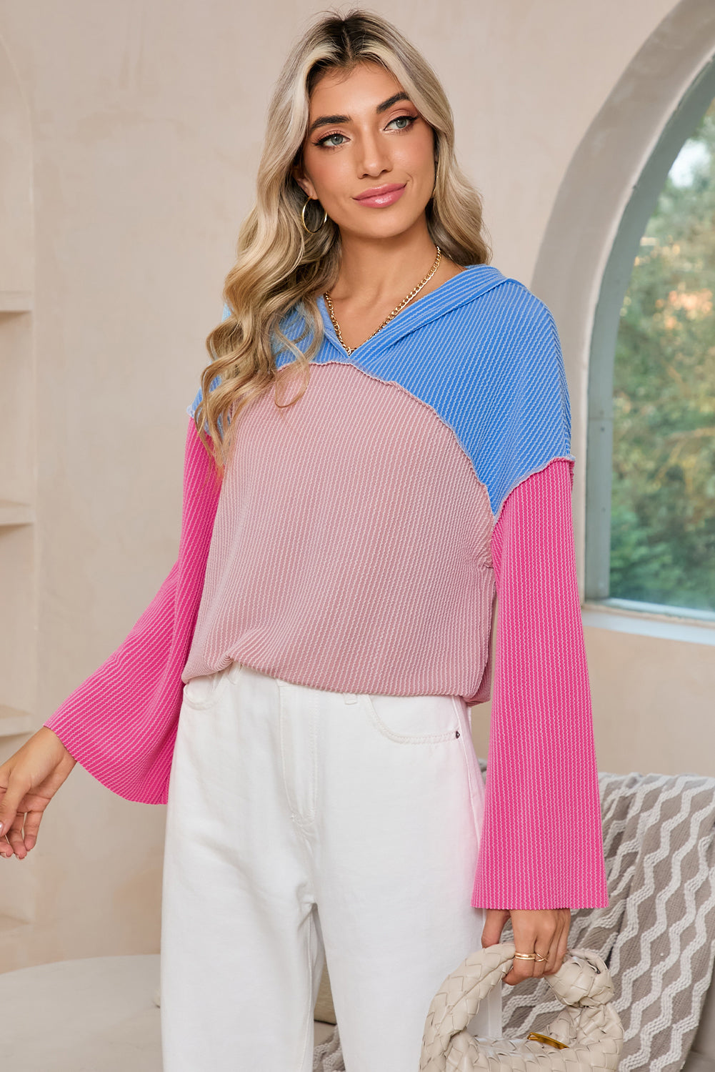 Pink Color Block Patchwork Corded Ribbed Loose Fit Hoodie
