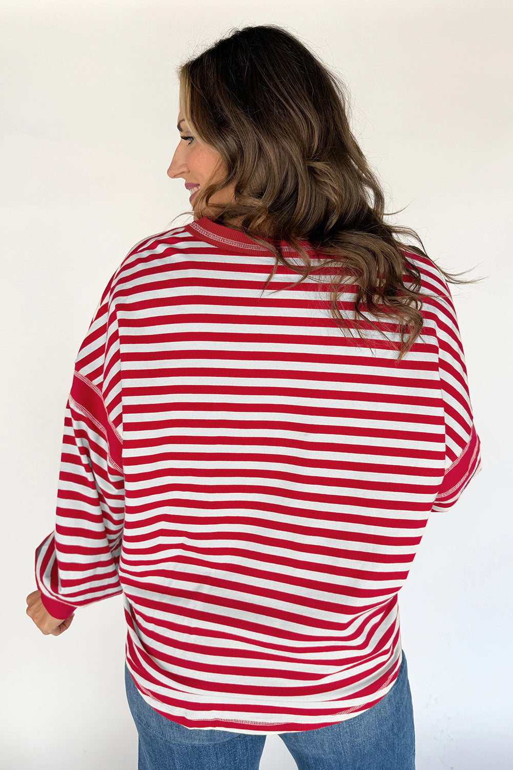 Red Striped Balloon Sleeve V Neck Blouse