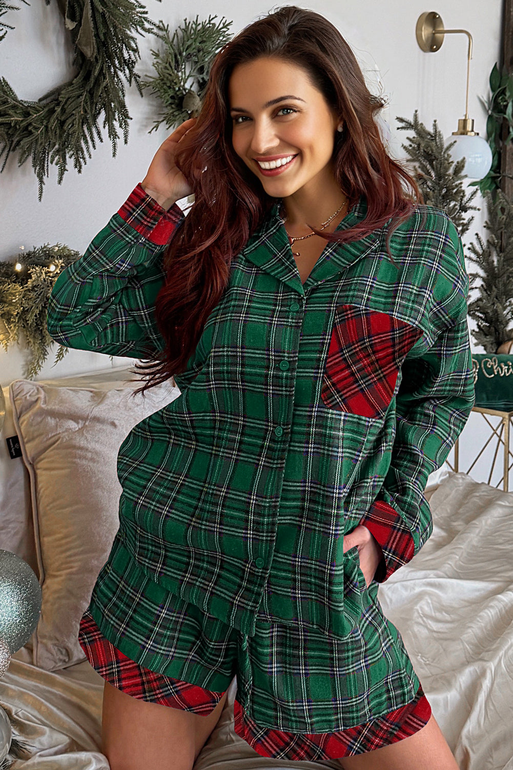 Green Plaid Christmas Holiday Patchwork Long Sleeve Shirt and Shorts Pajama Set