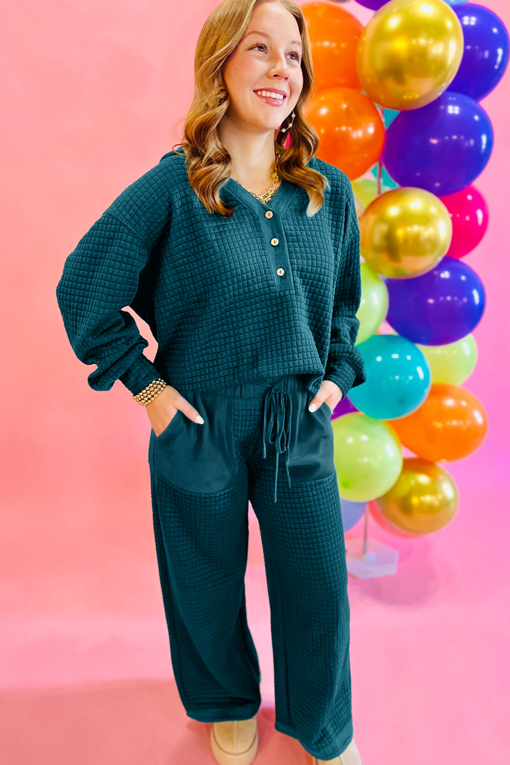 Skobeloff Checkered Texture Hooded Top and Loose Pants Set