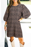 Black Leopard Print Bubble Sleeve Shift Mini Dress