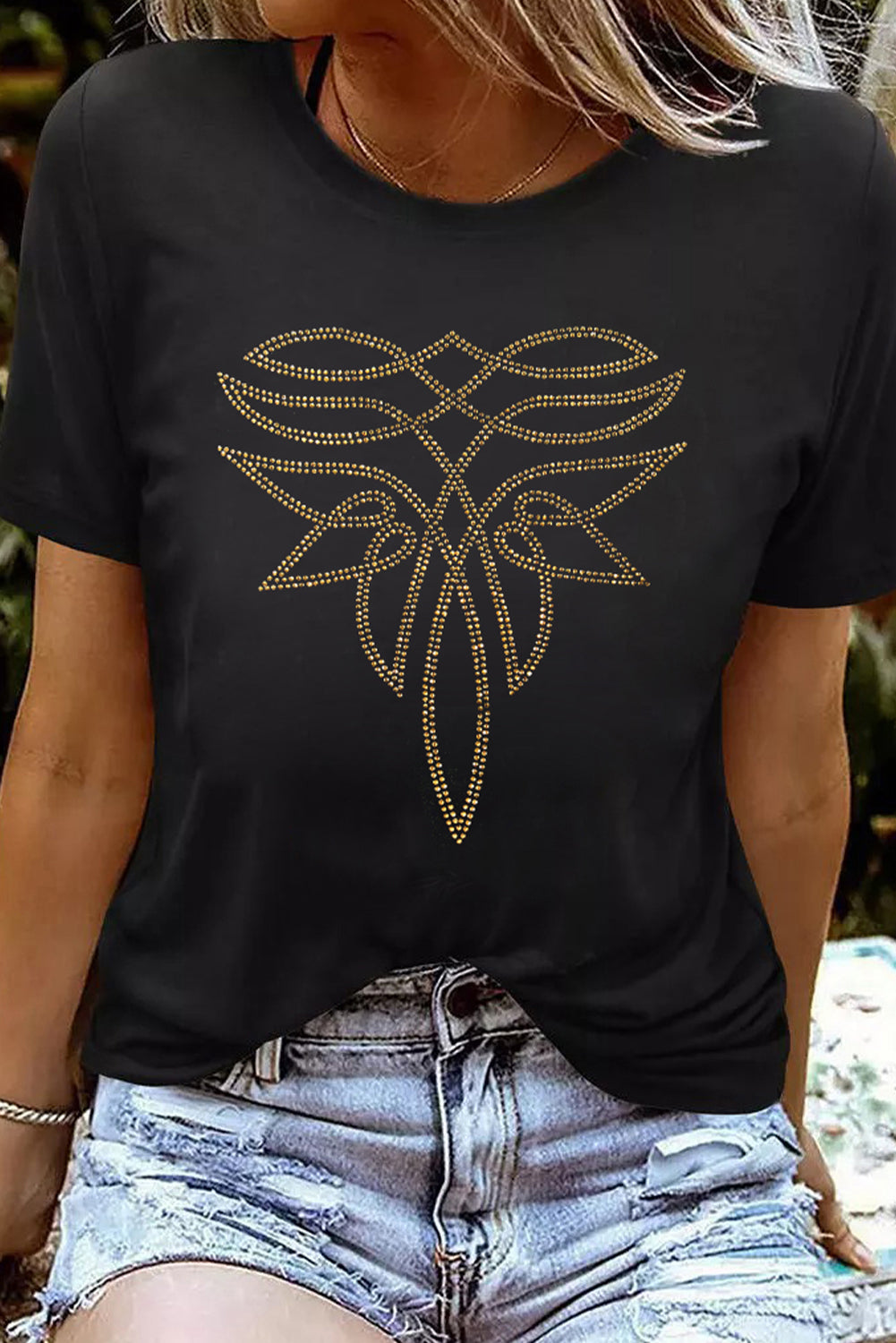 Black Rhinestone Boot Stitch Pattern Printed Cotton Blend Tee