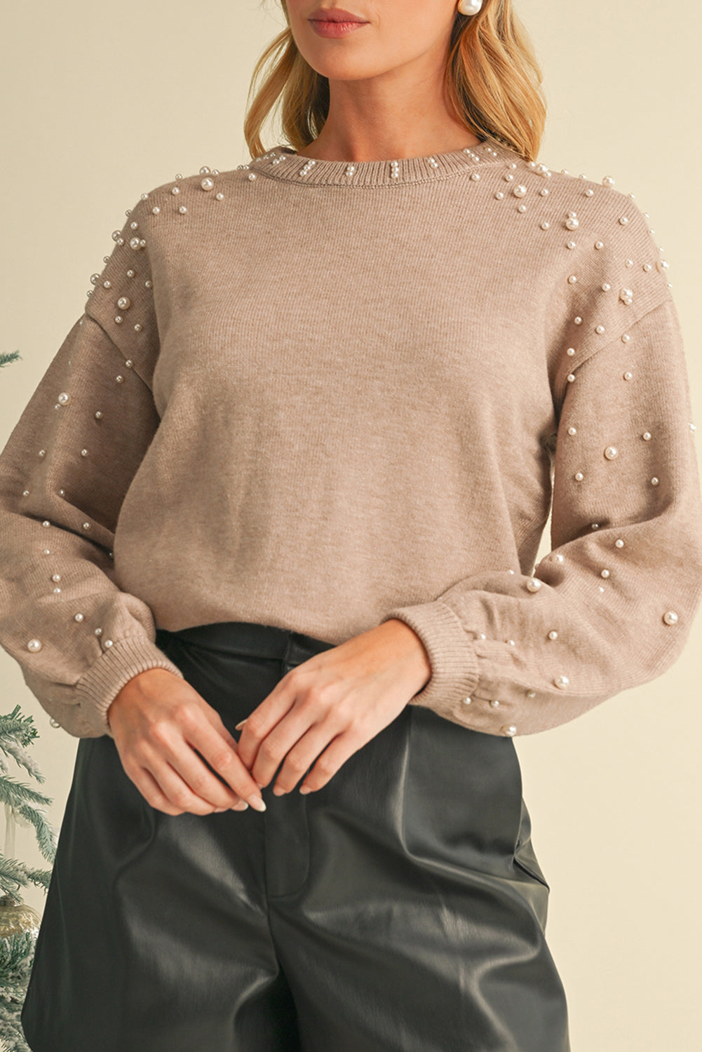 Black Pearl Drop Shoulder Round Neck Sweater