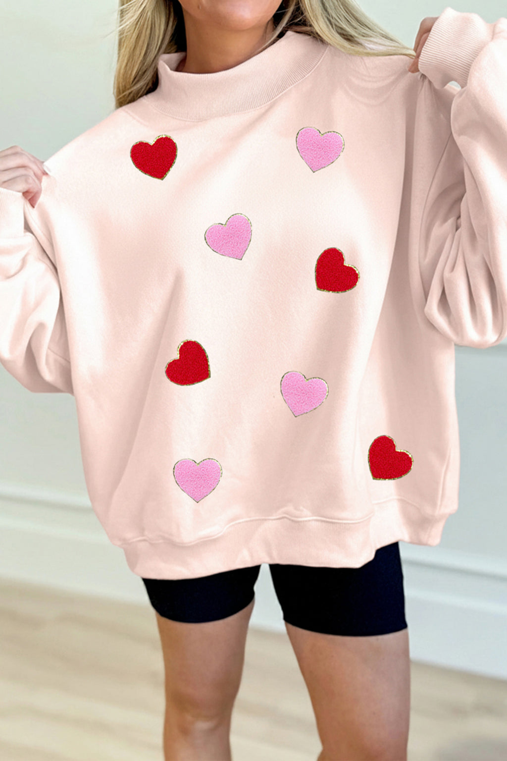 Apricot Pink Glitter Trim Chenille Heart Patched Mock Neck Sweatshirt