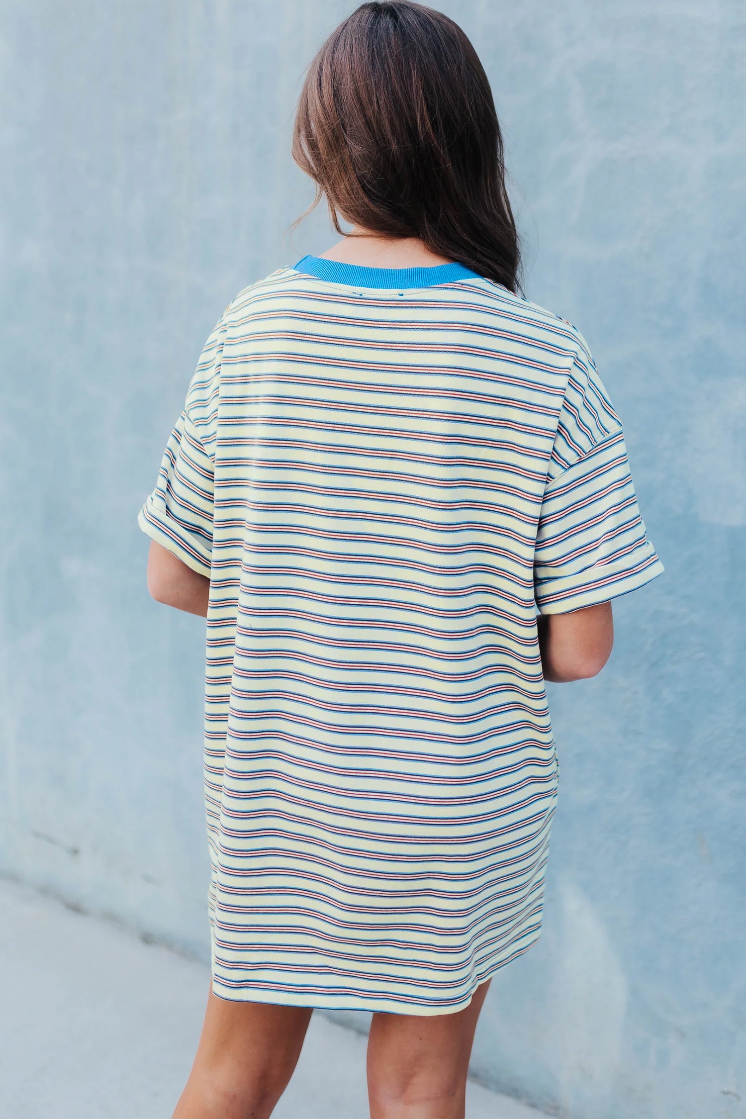 White Stripe Drop Shoulder Cuffed Sleeve Loose Tunic T Shirt Mini Dress