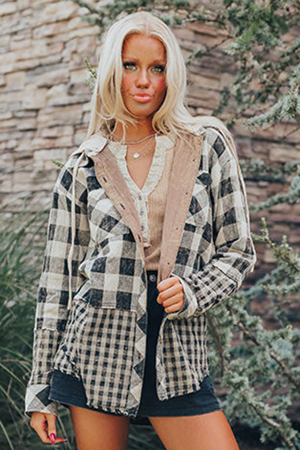 Black Plaid Patchwork Drawstring Hooded Raw Hem Shacket