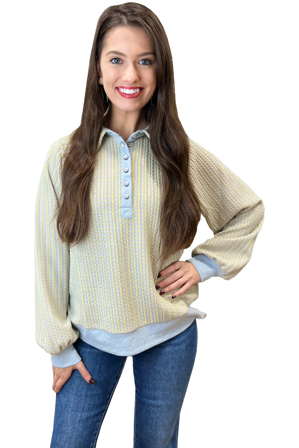 Beau Blue Striped Henley Collar Textured Sweatshirt