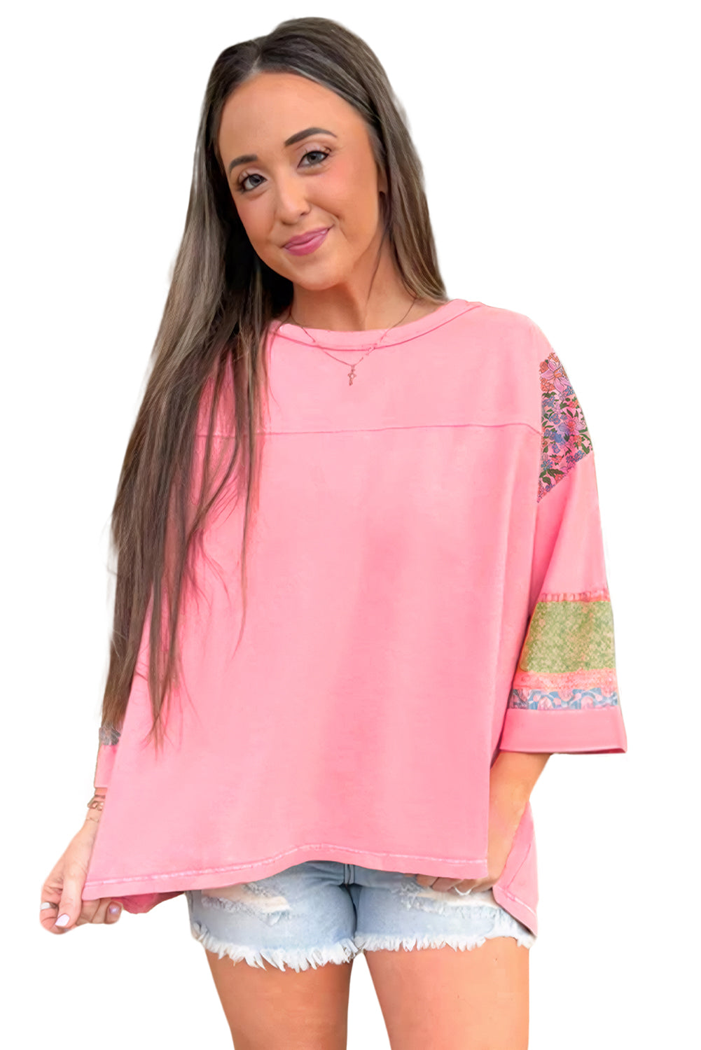 Gossamer Pink Floral Color Block Patchwork Long Sleeve Top