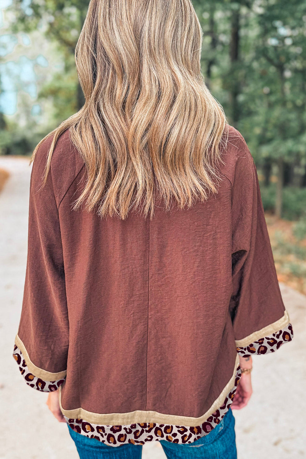 Clay Brown Leopard Detail Round Neck Long Sleeve Blouse