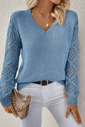 Beau Blue Solid V Neck Pointelle Knit Sleeve Patchwork Sweater