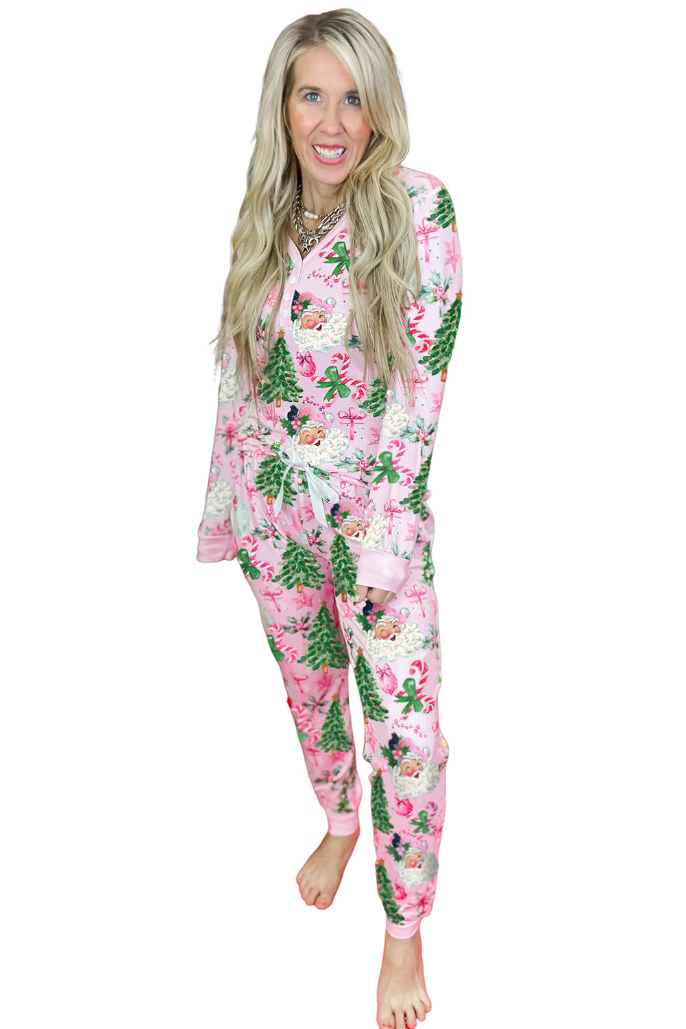 Pink Christmas Pattern Button V Neck Pullover Drawstring Pants 2pcs Lounge Set